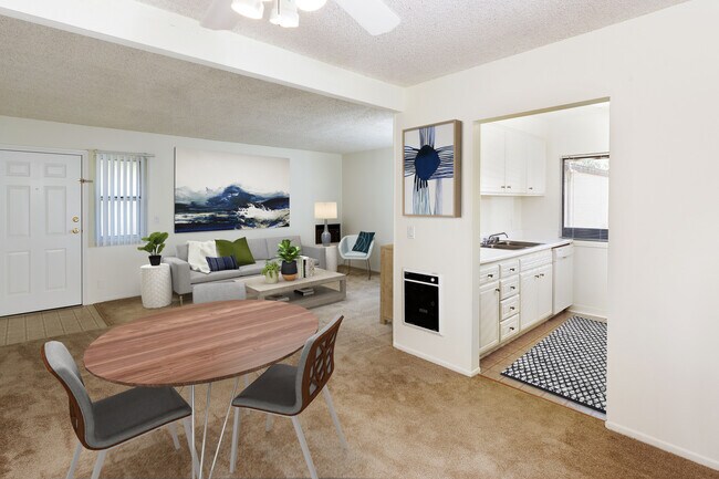 Classic kitchen, living, and dining areas