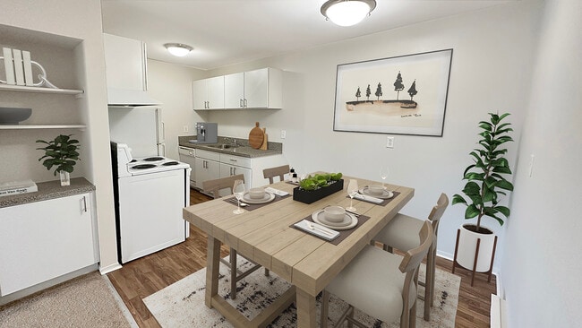 Dining, cooking, pantry areas with fresh new upgrades. - Chatsford Village Apartments