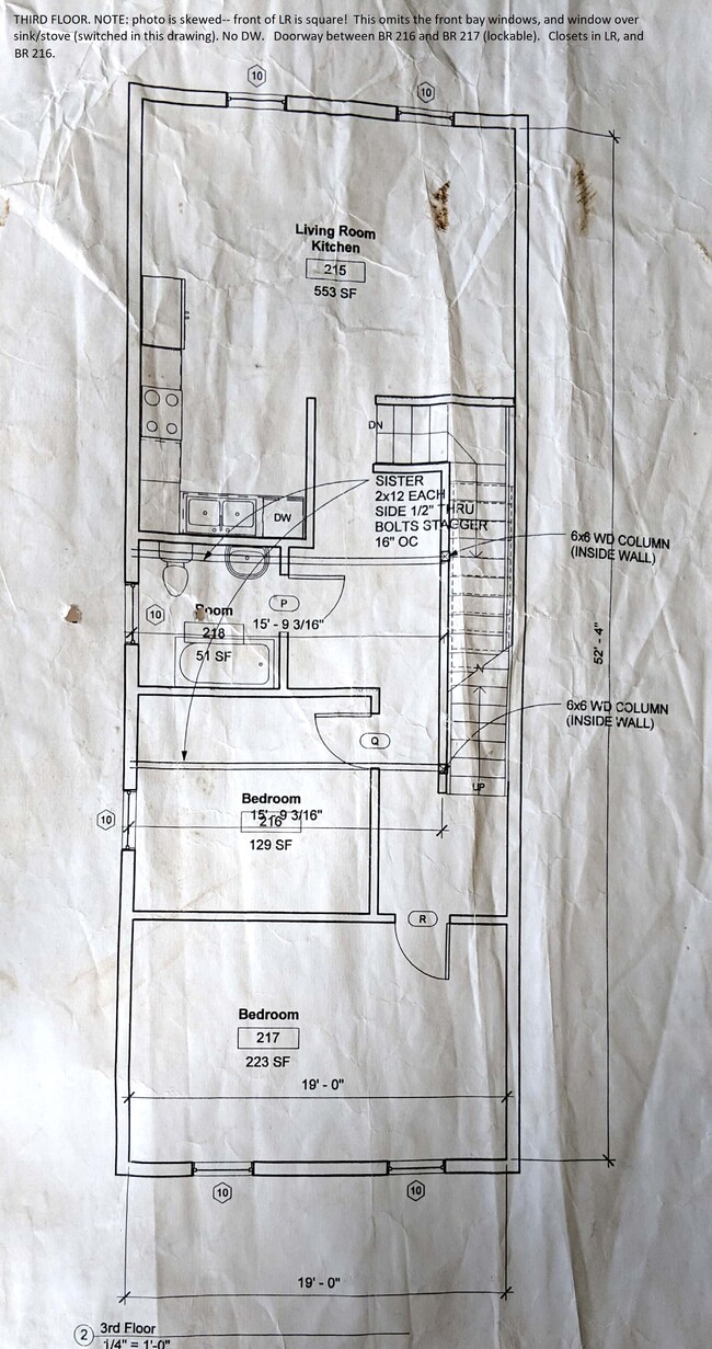 Drawings from 2013 gut rehab. Mostly correct. (Building is square, photo is skewed!) This is missing one window over sink; door between BR 216 and BR 217; closets in LR, BR 216, and BR 217. Switches sink and stove. No DW. - 1122 South 46th Street Apartments