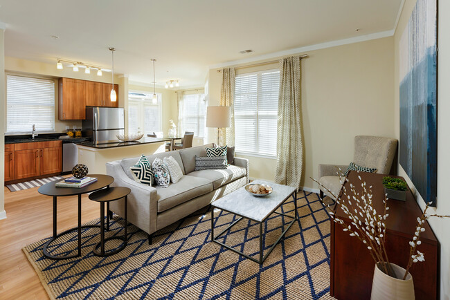 Living area and kitchen with granite countertops, stainless-steel appliances hard surface flooring - Avalon Falls Church Apartments