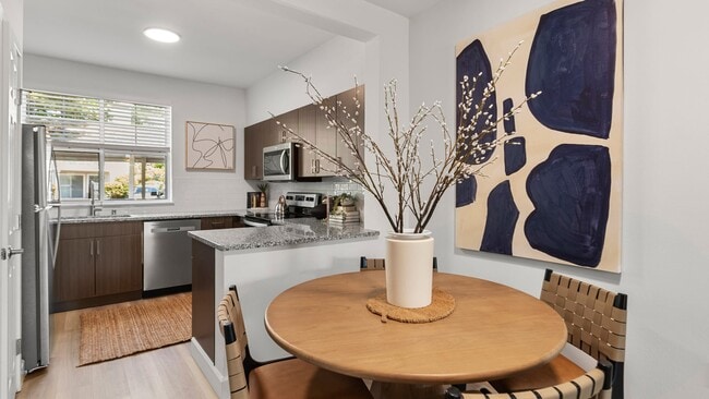 Contemporary kitchens feature granite countertops and stainless steel appliances