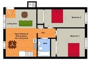 2 BR, 1 Ba Cozy Floorplan