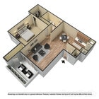 Plano moderno en 3D que muestra una zona de estar de concepto abierto con un dormitorio acogedor, una cocina elegante y un salón sofisticado.