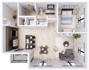 Explore this chic urban apartment layout, designed for modern living.