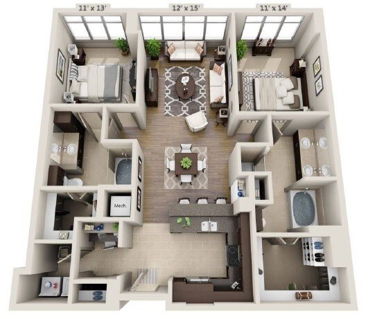 Ashton South End - B2F - 2 Beds - 2 Baths - 1315 Sq. ft. - B2F