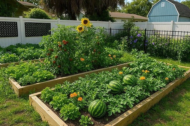 Lush community garden with vibrant sunflower, thriving tomato plants, and large watermelons in raised beds, showcasing a picturesque backyard oasis.