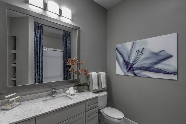 Bathrooms with framed mirrors and contemporary lighting