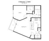 The Baltica: 621 sq. ft. featuring a unique angled living area, walk-in closet, private balcony, and convenient entry-side laundry.