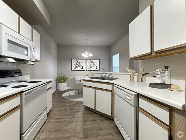 Kitchen with White Appliances - The Junction at Ramsey and Carver Rental