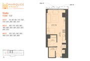 Explore our efficiently designed studio apartment at Marquee, combining living, kitchen, and comfort.