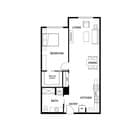 Chic 1-bedroom apartment floor plan featuring open-plan living, dining area, modern kitchen, and spacious walk-in closet.
