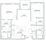 938 square foot two bedroom, two bath apartment home