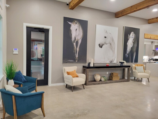 Modern seating area with blue and cream chairs, decorative plants, and three large horse portraits on a taupe wall