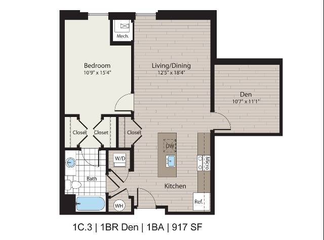 1C.3 1BR/1BA with Den 917 SF