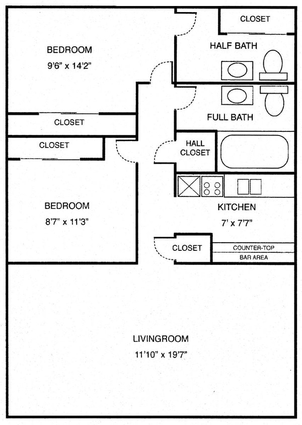 Floor Plan - 2br/1.5ba 800sf