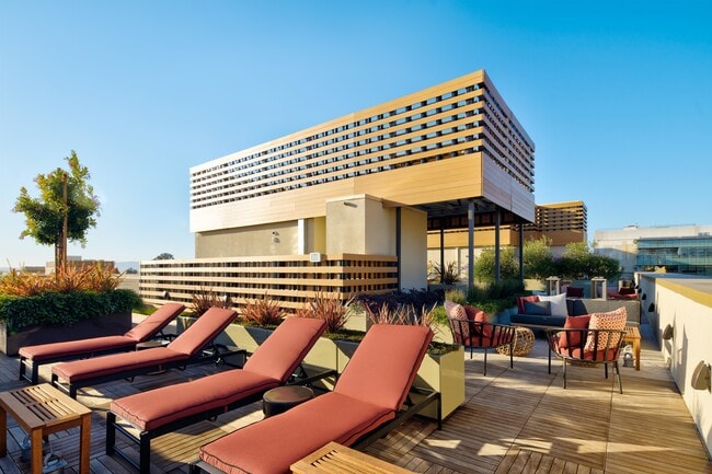 Soak in the sun in our rooftop lounge area. - Modera Berkeley