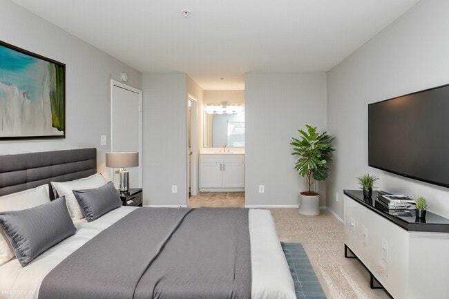 Bedroom with in-bedroom sink vanity with mirror and strip lighting and plush carpeting