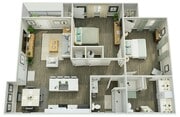 Elegante plano 3D que muestra un espacioso apartamento con dos dormitorios, una sala de estar y comedor de concepto abierto, una cocina moderna con isla y dos baños bien equipados.