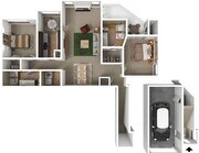 Two Bedroom, Two Bathroom, 1168 sqft, Attached Garage, Balcony, Fireplace, Full-Size Washer/Dryer Connections