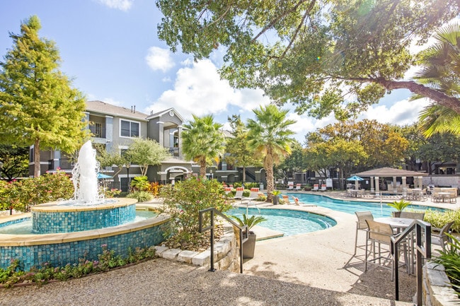 Swimming pool with water feature surrounded by lush landscape - Nolina Flats Rental