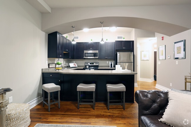 Unique Kitchen with Arch, Typical Well-Equipped Kitchen with Stainless Steel Appliances & Breakfast
