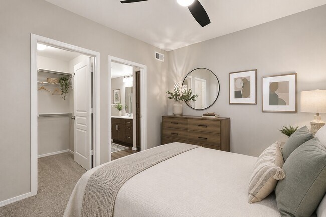 Step into comfort at Highland Groves at Morrison Ranch. This stylish bedroom features modern decor, ample storage, and natural light, creating the perfect retreat. Don't miss your chance to call this home—schedule your visit today!