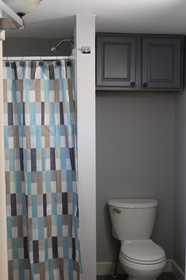 Bathroom has large shower stall. Storage above toilet. - 1011 Main St Townhome