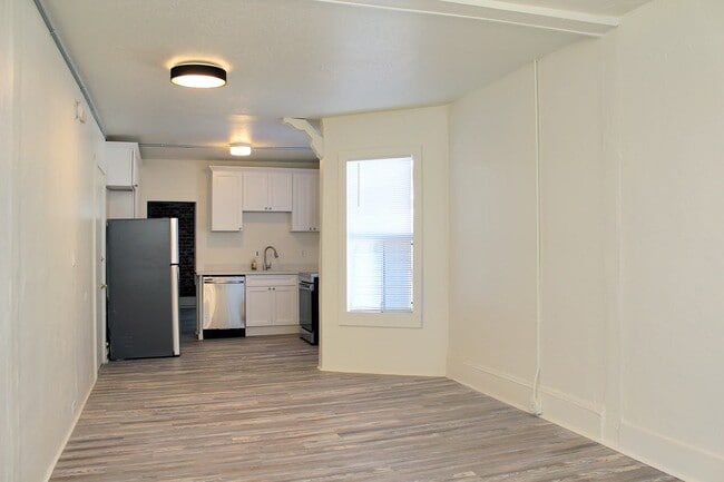 Panorama 2-Bedroom Living and Kitchen - Lush Bank Lofts