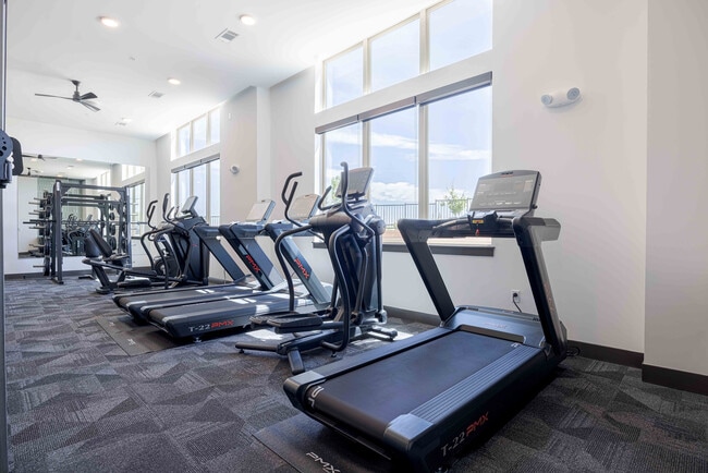 El gimnasio de Garrett Parker cuenta con una fila de cintas de correr PMX y una elíptica situadas junto a ventanales que van del suelo al techo, lo que permite la entrada de luz natural durante el entrenamiento.