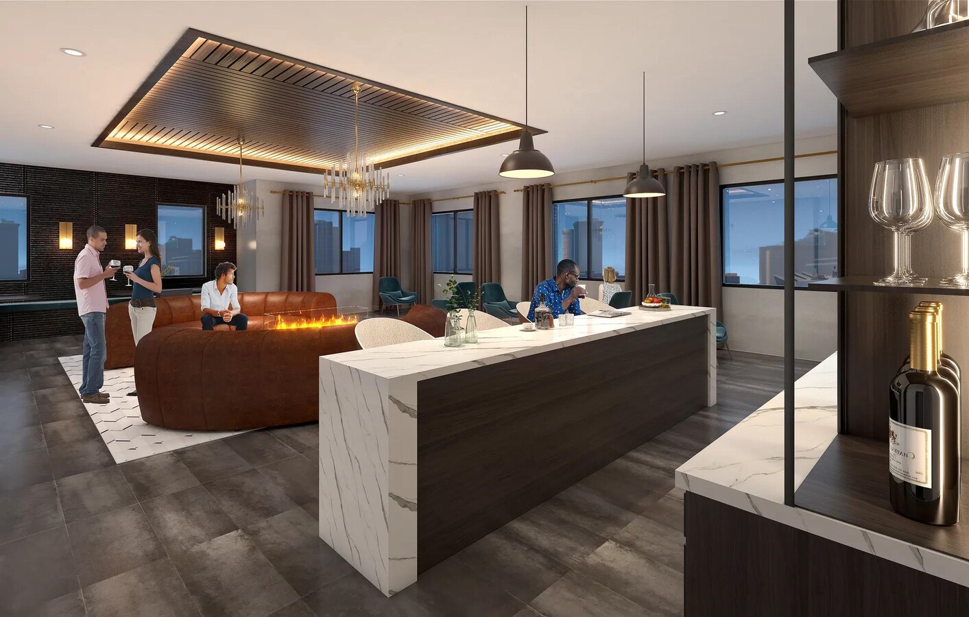8th-floor sky lounge with gathering space, bar area, and sweeping views at Modera Encore apartments in Tampa. - Modera Encore