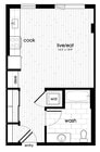 Explore this elegant studio apartment featuring a seamless flow from kitchen to living area.