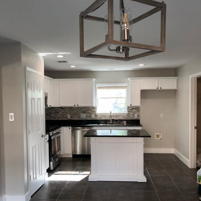 Fully-remodeled kitchen features recessed lighting, freshly painted cabinets, stainless steel applia - 615 Big Spring Dr