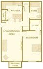Classic 1 Bedroom, 1 Bathroom Floor Plan