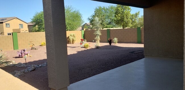 Tidy back yard landscaped with cacti and decorative rock