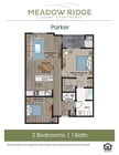 Explore the Parker layout at Meadow Ridge, highlighting efficient space with 2 bedrooms and an inviting living area.