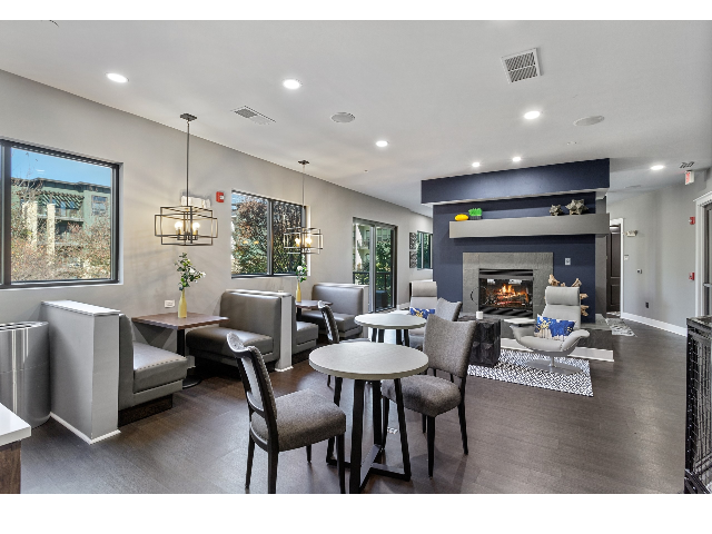 Clubroom with cafe and fireplace