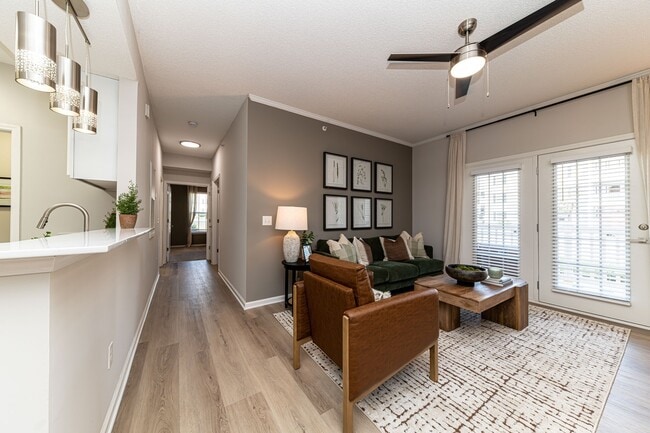 Spacious living room with hardwood-style flooring