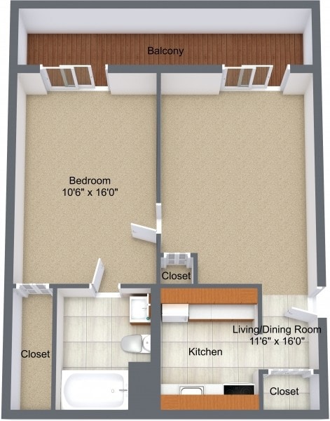 1BR, 1BA - 550 SF