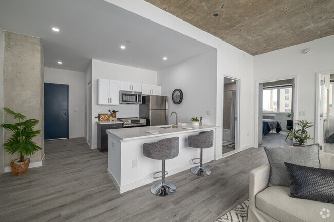2BR, 1BA - 814SF - Kitchen/Living Room - The Mercer