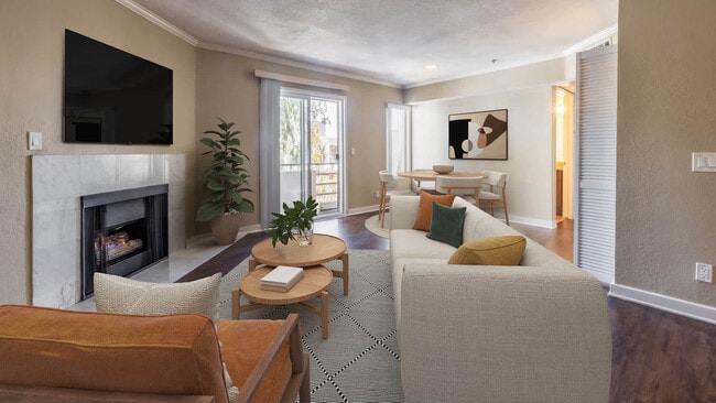 Living Room with Fireplace and Balcony - Vantage Hollywood