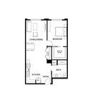 Modern open-concept floor plan featuring a spacious living/dining area, one bedroom with a walk-in closet, and a well-appointed kitchen.