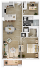 Explore this stylish apartment design featuring an efficient use of space and contemporary aesthetics.