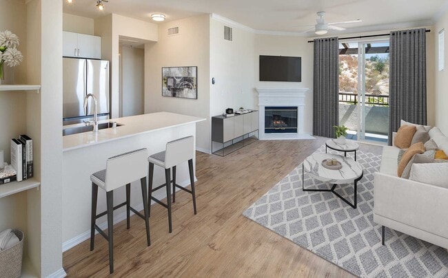 Renovated Package IU kitchen and living room area with open concept floor plan, fireplace, and hard surface flooring
