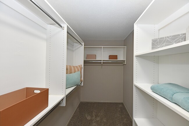 Generous closet space with built-in shelving
