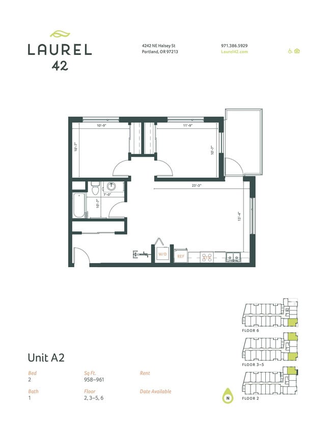 2 bed 1 bath 958 to 961 sq. ft. A2 Laurel42_MarketingFloorPlans_A2