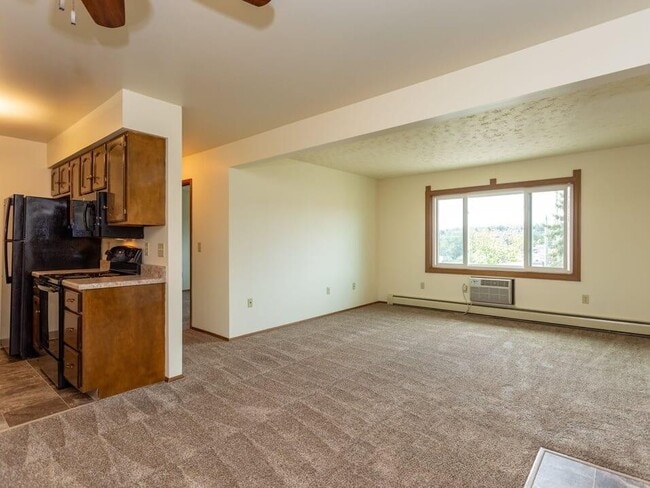 Carpeted Living Area with Connected Kitchen