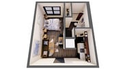 Explora este elegante apartamento tipo estudio que cuenta con un dormitorio acogedor y una sala de estar de concepto abierto.