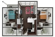 2 bed, 2 bath. 667 sq ft. Pricing is per bedroom.