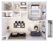 Explore this elegant apartment with a welcoming living space and modern kitchen.