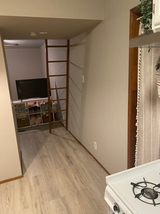 View from kitchen to living room (TV blocks view of living rm) - 415 10th St Unit Cottage-like Studio